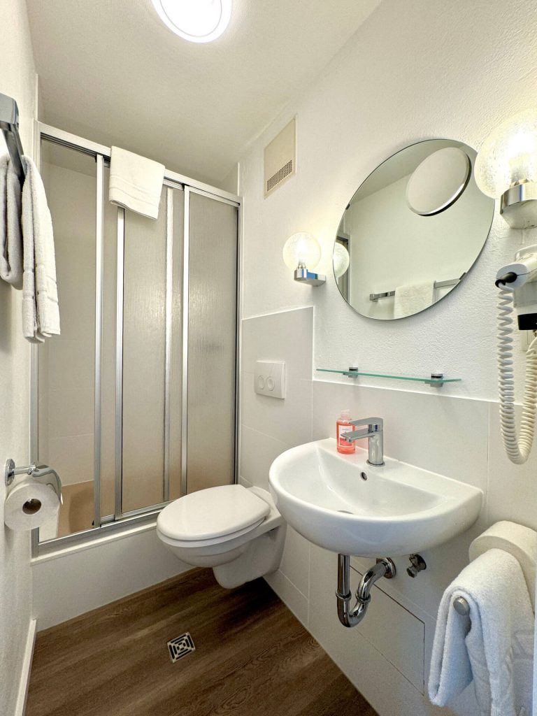 Dusche/WC Waschtisch, Fön und frische Handtücher.