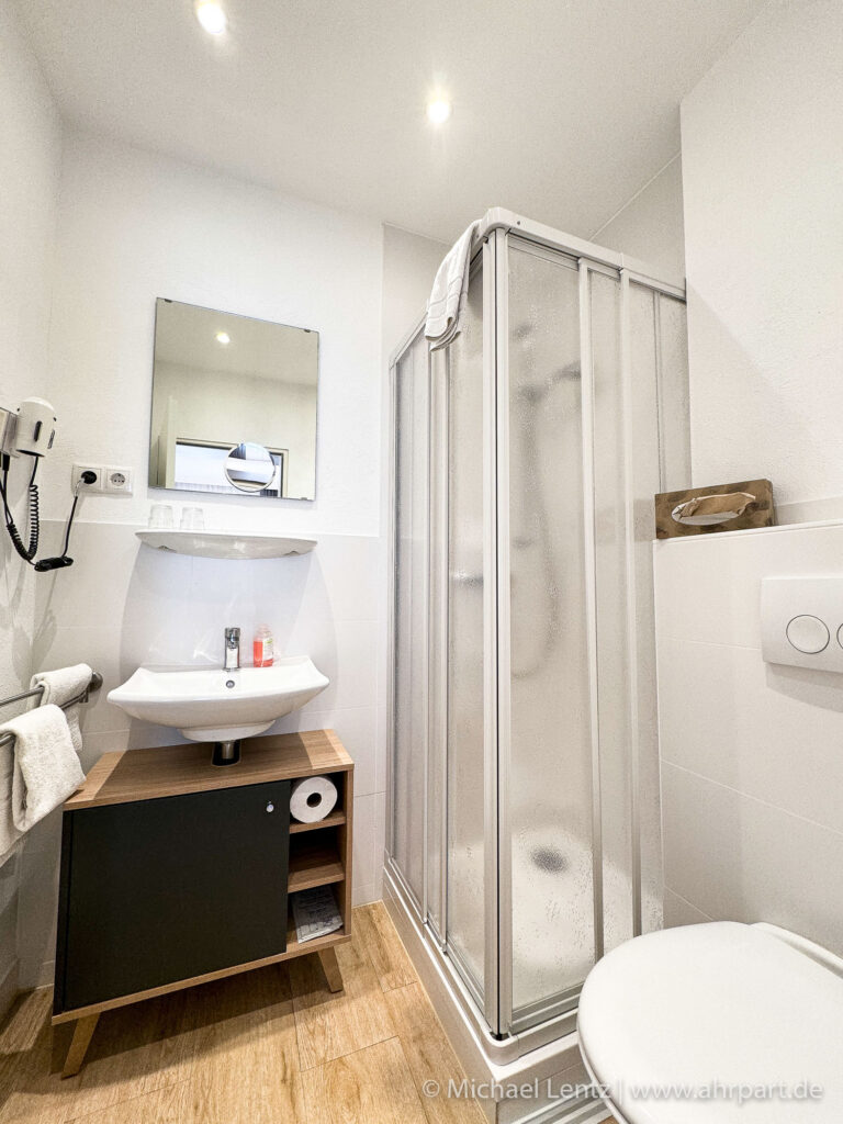 Bad Neuenahr AhrPart Hotel Central AhrPart 2-Zimmer Studio Nr. 21 Bad mit Dusche/WC Waschbecken, Spiegel, Ablagefläche und Föhn.