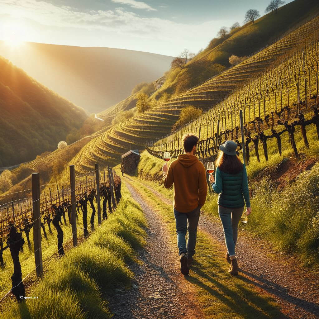 Gemütlich mit einem Glas Rotwein entlang der Weinberge der Ahr wandern und die tollen Ausblicke ins Tal geniessen.